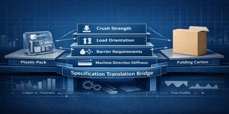 Stylized bridge translating plastic pack requirements into folding carton specifications like crush, stiffness, and barriers.