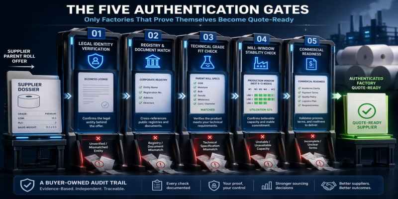 Infographic of a supplier dossier passing through five verification gates to become a quote-ready premium tissue mill.