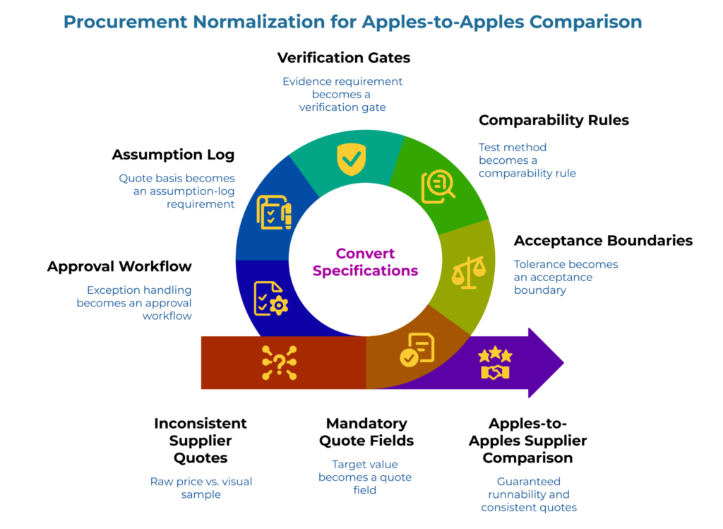 “Procurement Normalization for Apples-to-Apples Comparison” showing a circular process labeled “Convert Specifications” leading from inconsistent supplier quotes to mandatory quote fields and then apples-to-apples supplier comparison, with rules for verification, comparability, tolerances, assumptions, and approvals.