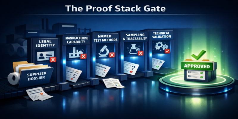 Supplier dossier passes five proof gates for remote toilet tissue mill specification verification before approval.