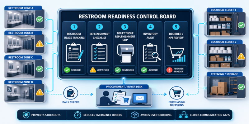 Restroom readiness control board linking usage tracking, inventory audits, closets, and purchasing decisions.