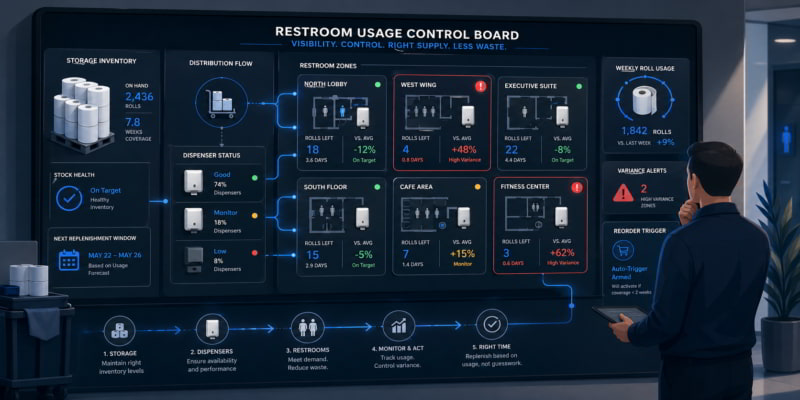 Restroom usage control board showing toilet tissue inventory, dispenser status, variance alerts, and reorder triggers.