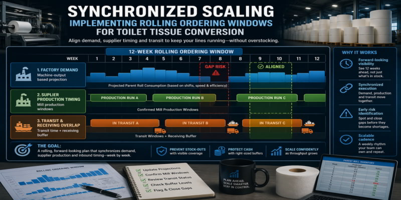 12-week three-band planning dashboard aligning factory demand, mill timing, and transit buffers for toilet tissue parent rolls.