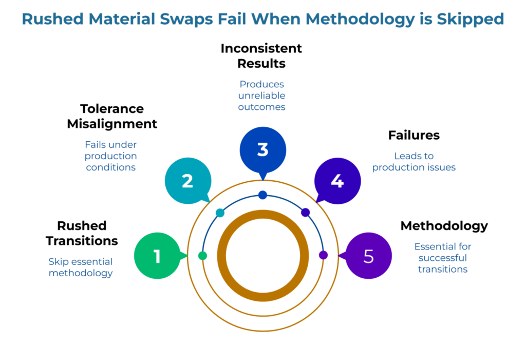 “Rushed Material Swaps Fail When Methodology is Skipped” showing a five-step circular sequence. It links rushed transitions to tolerance misalignment, inconsistent results, and production failures, ending with the message that a clear methodology is essential for successful material changes.