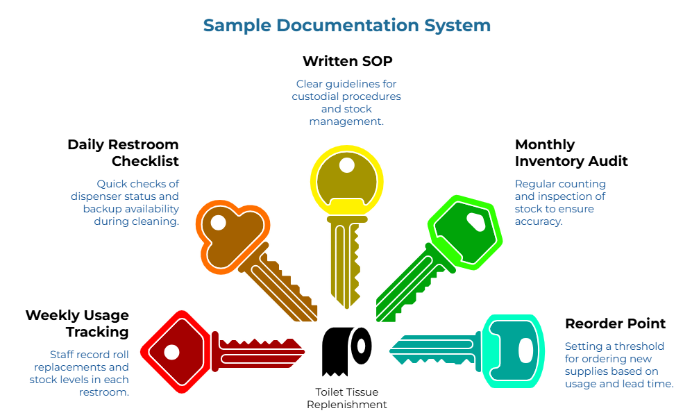 “Sample Documentation System” showing five keys representing toilet tissue controls: staff record roll replacements and restroom stock levels, cleaners check dispenser and backup availability, guidelines define procedures, teams count inventory, and reorder thresholds use usage and lead time.