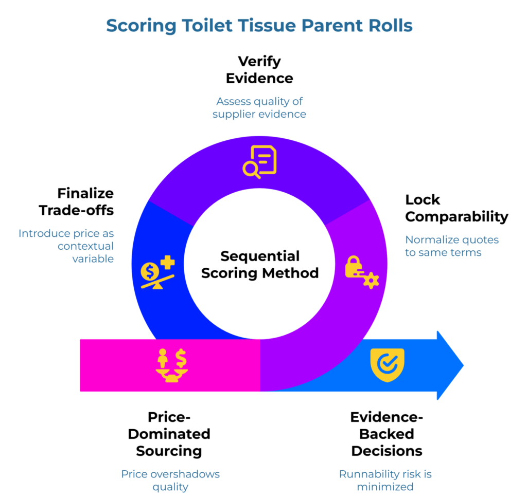 “Scoring Toilet Tissue Parent Rolls” showing a circular “Sequential Scoring Method.” It emphasizes verifying supplier evidence first, locking quote comparability on the same terms, then finalizing price trade-offs, moving from price-dominated sourcing to evidence-backed decisions with lower runnability risk.