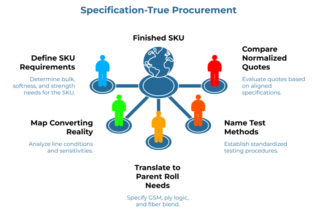 “Specification-True Procurement” showing a hub-and-spoke process around a finished SKU. Steps include defining SKU requirements, mapping converting reality, translating needs into parent roll specifications such as GSM, ply logic, and fiber blend, naming test methods, and comparing normalized supplier quotes.