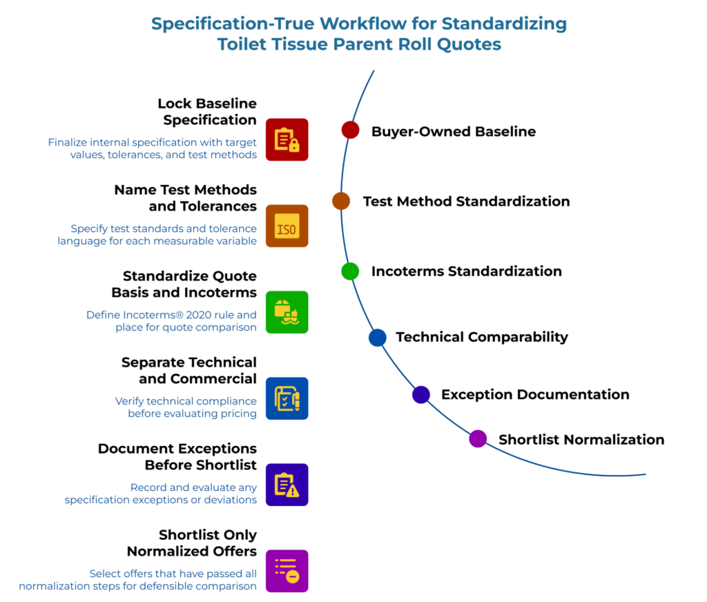 “Specification-True Workflow for Standardizing Toilet Tissue Parent Roll Quotes” showing a curved six-step timeline. It covers buyer-owned baseline specs, named test methods and tolerances, Incoterms standardization, technical-versus-commercial separation, exception documentation, and shortlisting only normalized offers.
