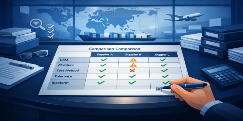 Stylized comparison sheet aligning toilet tissue supplier quotes by GSM, moisture, test method, tolerance, and Incoterm.