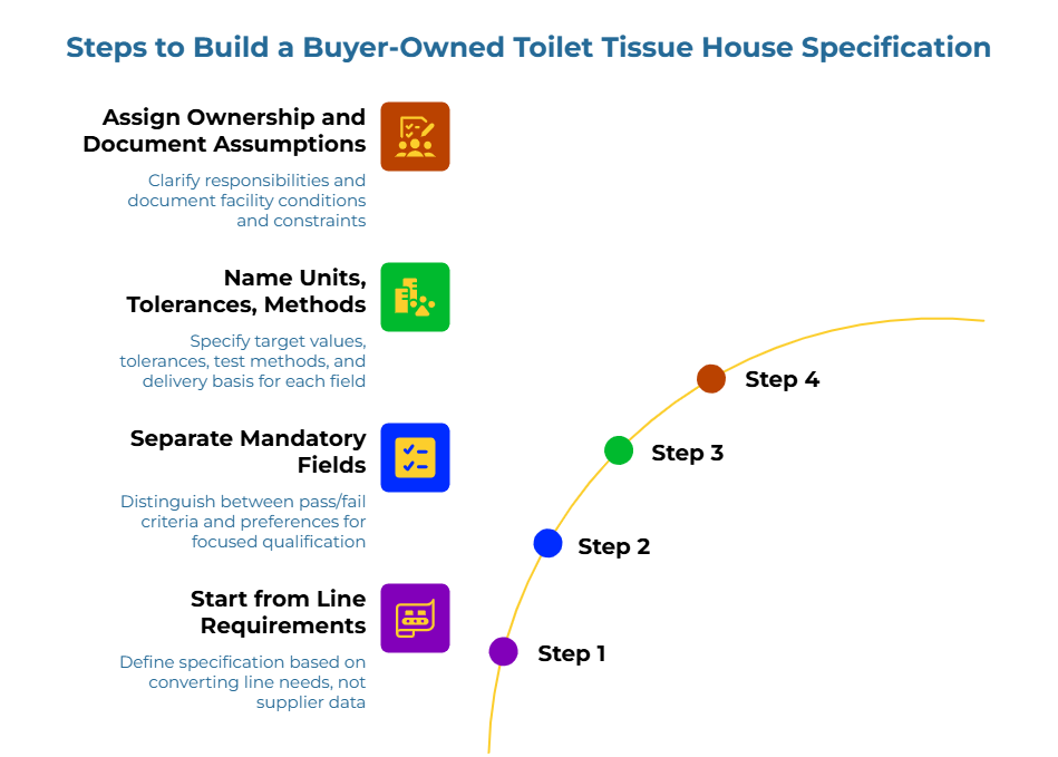 “Steps to Build a Buyer-Owned Toilet Tissue House Specification” showing a curved multi-step path. It covers clarifying responsibilities and facility constraints, setting target values with tolerances and test methods, separating pass-fail criteria from preferences, and defining specs around converting-line needs rather than supplier data.