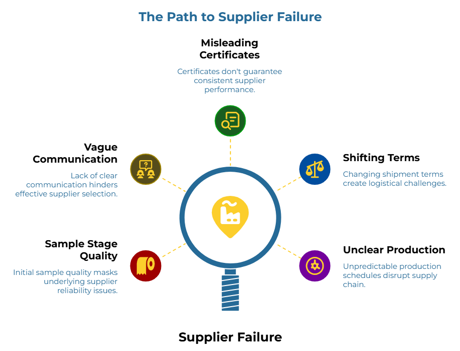 “The Path to Supplier Failure” with a magnifying glass at center and four warning signs around it: misleading certificates, shifting shipment terms, unpredictable production schedules, and strong initial samples masking reliability issues, plus poor communication in supplier selection.