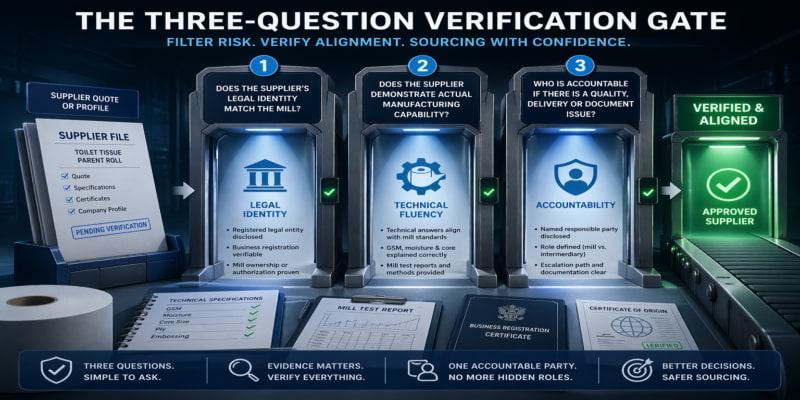 Supplier file passes three verification gates for legal identity, technical fluency, and accountability.