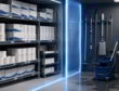 Organized toilet tissue storage shelves separated from a wet janitorial sink and mop area by a glowing divider.
