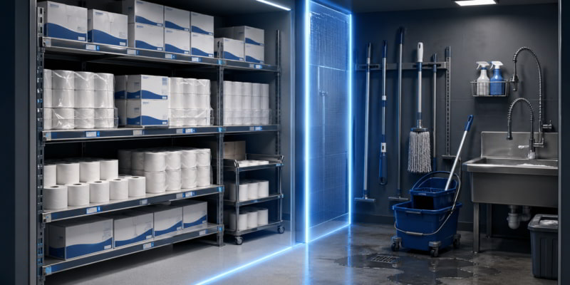 Organized toilet tissue storage shelves separated from a wet janitorial sink and mop area by a glowing divider.