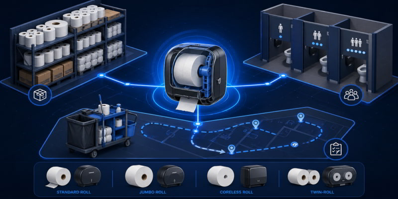 Central toilet tissue dispenser linking inventory, restroom traffic, and custodial route planning.