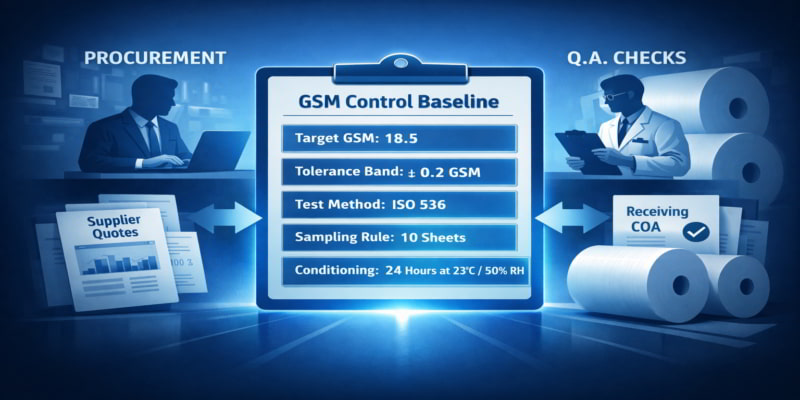 Illustration of a buyer-owned GSM control sheet aligning procurement and QA for toilet tissue parent roll specifications.