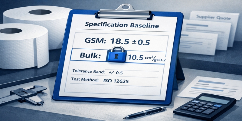 Illustration of a toilet tissue specification sheet locking GSM and bulk targets with tolerances before supplier RFQ comparison.