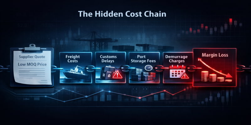 Diagram of a toilet tissue quote cascading into freight, customs delays, port fees, demurrage, and margin loss.