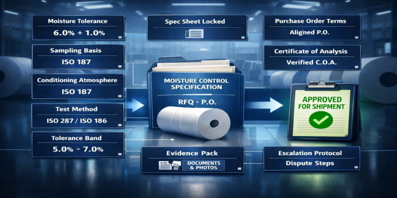 Buyer-owned toilet tissue moisture control sheet with ten QA fields leading from RFQ and PO alignment to shipment approval.