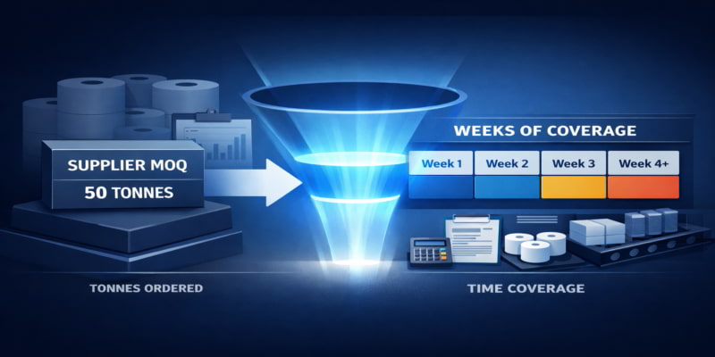 Graphic showing a 50-tonne supplier MOQ converted into weekly toilet tissue production coverage.