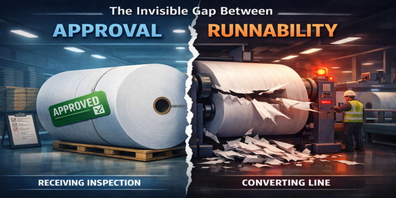 Split illustration of a toilet tissue parent roll approved at receiving but failing on a converting line with a web break.