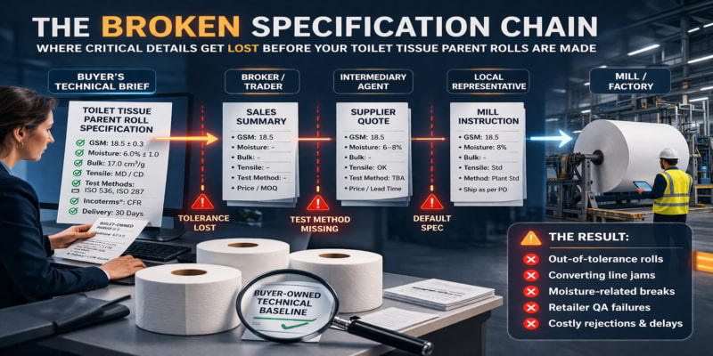 Illustration of toilet tissue sourcing specs losing tolerances and test methods through intermediaries before mill production.