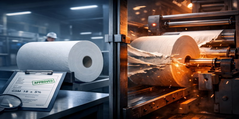 Approved toilet tissue parent roll beside a high-speed converting line where the web tears under tension.