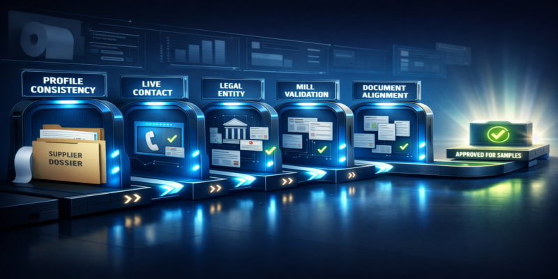 Supplier dossier passing through five verification gates before toilet tissue parent roll supplier approval.