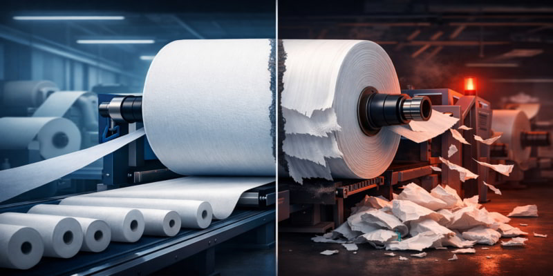 Split illustration of a toilet tissue parent roll running smoothly on one line and tearing into waste on another.