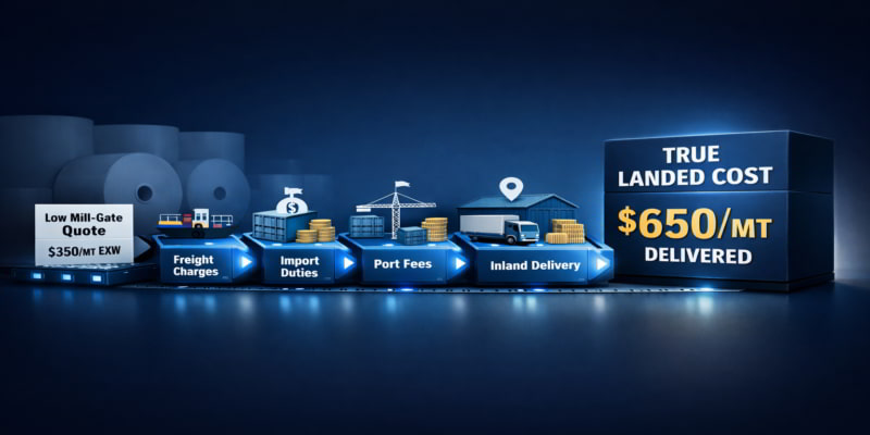 Illustration of a toilet tissue parent roll quote expanding through freight, duties, port fees, and delivery into true landed cost.