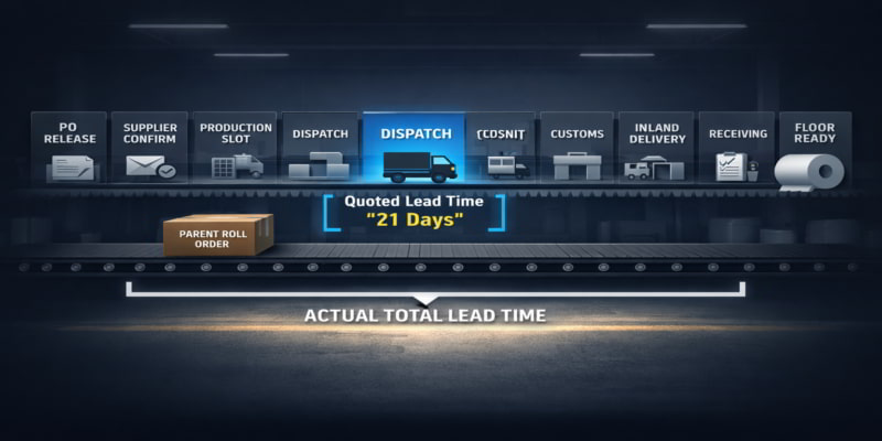 Infographic showing a toilet tissue parent roll order moving through supply stages, with quoted 21 days vs total lead time.