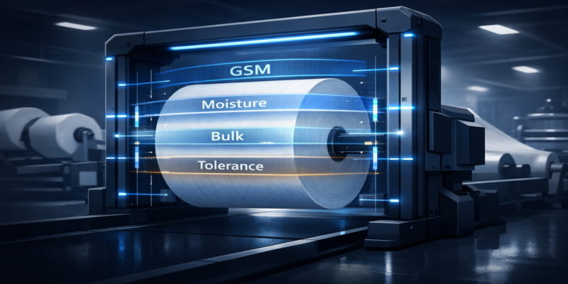Stylized toilet tissue parent roll under a precision scan revealing hidden GSM, moisture, bulk, and tolerance bands.