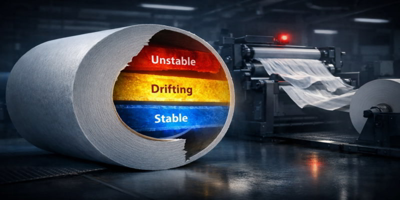 Cross-section of a toilet tissue parent roll showing hidden stable, drifting, and unstable zones beside a converting line.