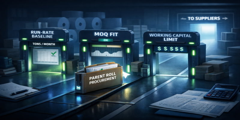 Buyer-owned toilet tissue parent roll sourcing file passes through three internal approval gates for run-rate, MOQ fit, and working-capital control.