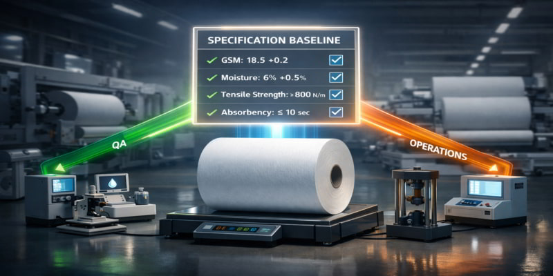 Illustration of a toilet tissue parent roll under shared QA, procurement, and operations baseline checks.
