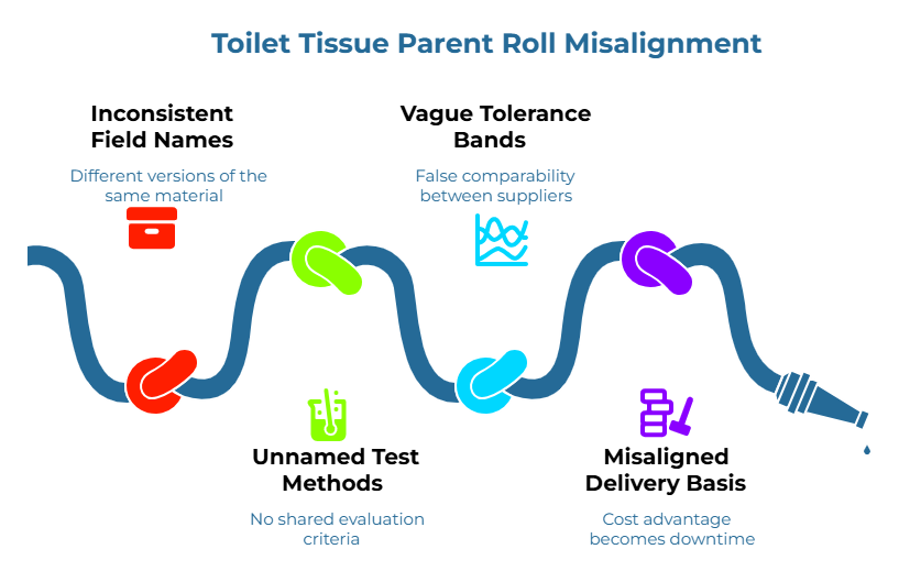 “Toilet Tissue Parent Roll Misalignment” showing a leaking pipe with four weak points. Callouts explain how different versions of the same material, no shared evaluation criteria, false comparability between suppliers, and apparent cost advantages can lead to downtime and sourcing problems.