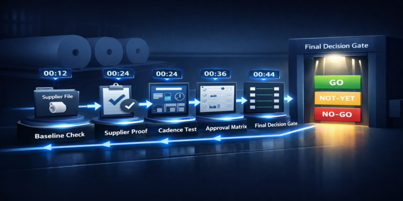 Stylized procurement workflow showing a supplier file passing four approval gates to a final go/not-yet/no-go decision.