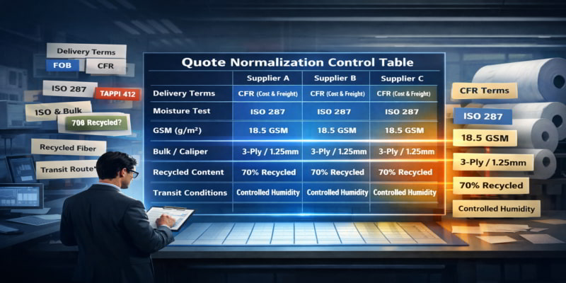 Stylized procurement dashboard showing toilet tissue parent roll quotes normalized into one comparison table.