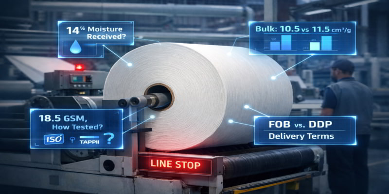 Halted tissue parent roll line with overlays showing hidden moisture, bulk, GSM, and delivery-term mismatches.