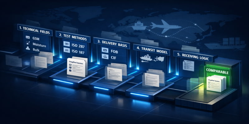 Illustration of five control gates standardizing toilet tissue parent roll quotes from specs to receiving approval.