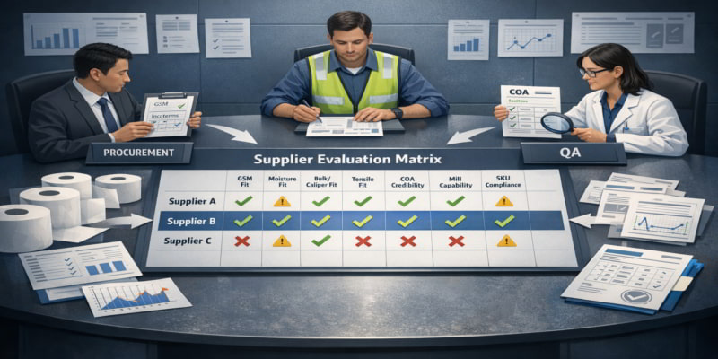 Procurement, Production, and QA review a supplier evaluation matrix for toilet tissue parent roll approval.