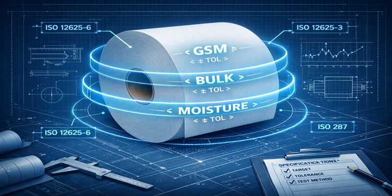Stylized blueprint of a toilet tissue parent roll with GSM, bulk, and moisture controls linked to ISO-based specification checks.