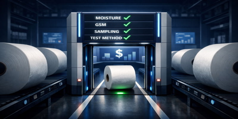 Toilet tissue parent roll passing through a technical verification gate before supplier quote comparison.