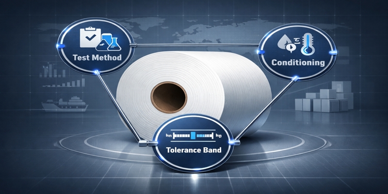 Stylized toilet tissue parent roll secured by test method, conditioning, and tolerance controls for shipment-ready specification.