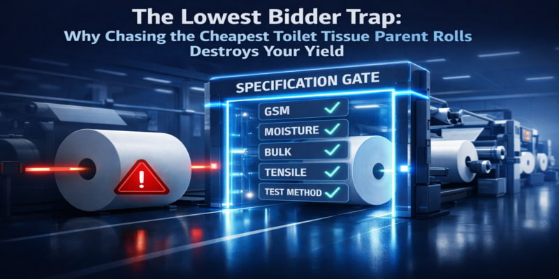 Specification gate checks toilet tissue parent rolls for GSM, moisture, bulk, tensile, and test method before converting.