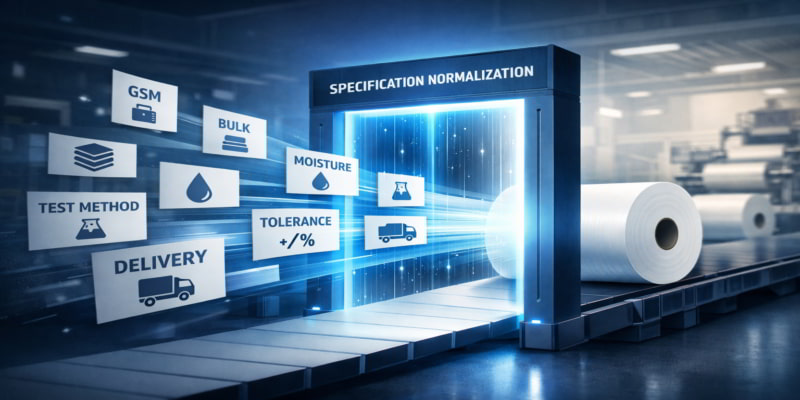 Stylized specification gate aligning GSM, bulk, moisture, test methods, and delivery terms for a stable toilet tissue parent roll.