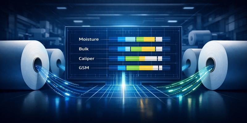 Stylized toilet tissue parent rolls feeding moisture, bulk, caliper, and GSM data into a central specification matrix.