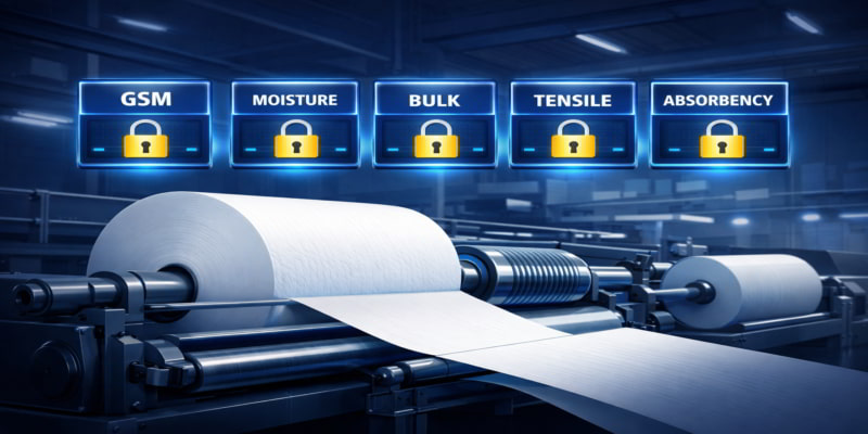 Stylized toilet tissue converting line with five locked controls for GSM, moisture, bulk, tensile, and absorbency.