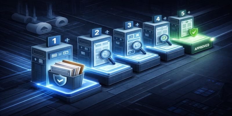 Isometric illustration of a toilet tissue parent roll supplier dossier moving through five locked verification gates and reaching an approved procurement checkpoint.