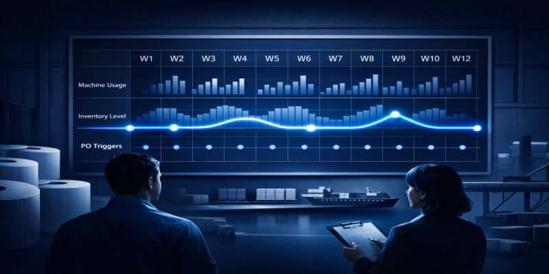 Procurement team reviewing a 12-week grid tracking machine usage, inventory, and PO triggers for tissue supply.